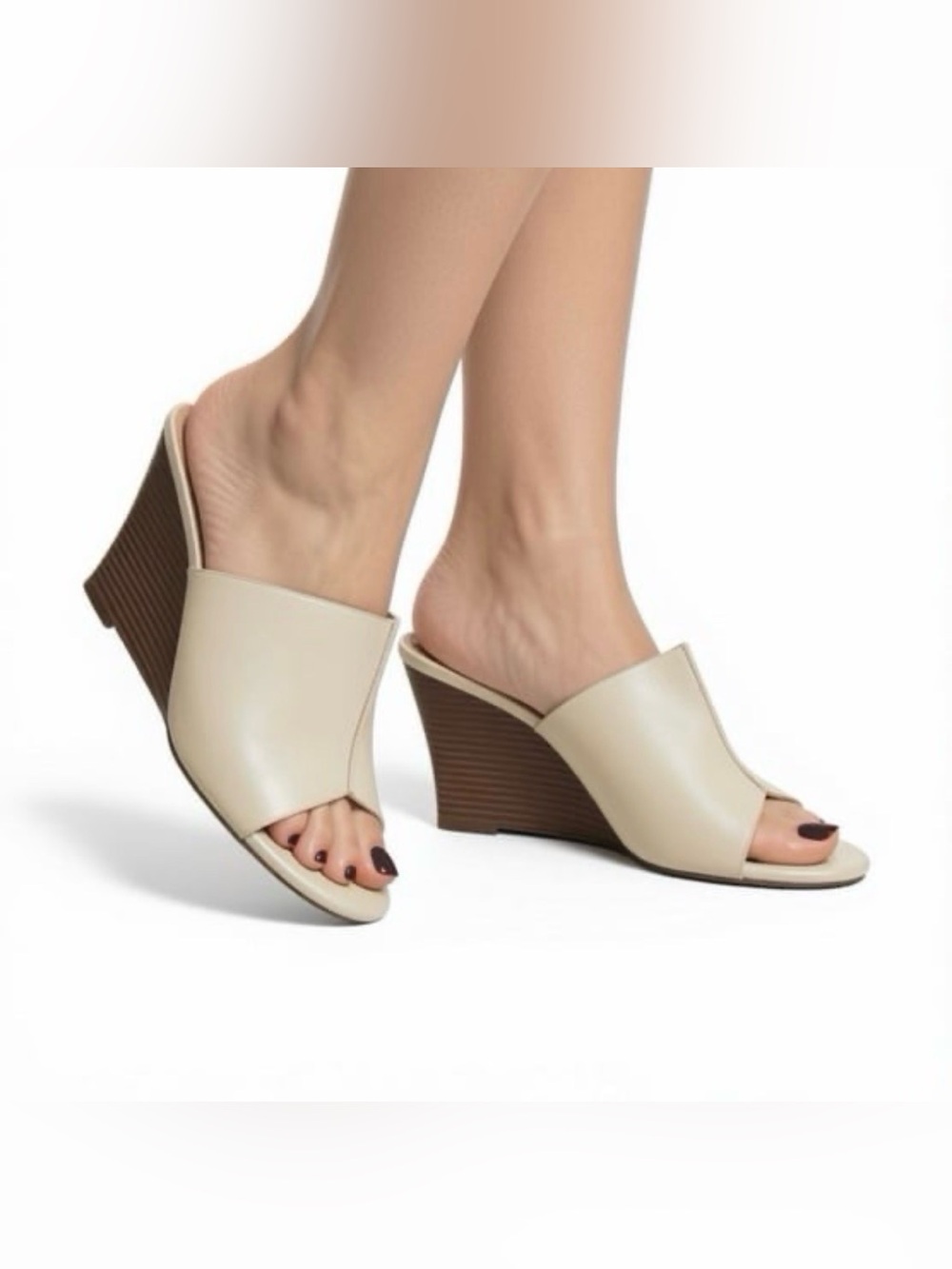 Cream Open-Toe Mule Slide Wedge Sandal